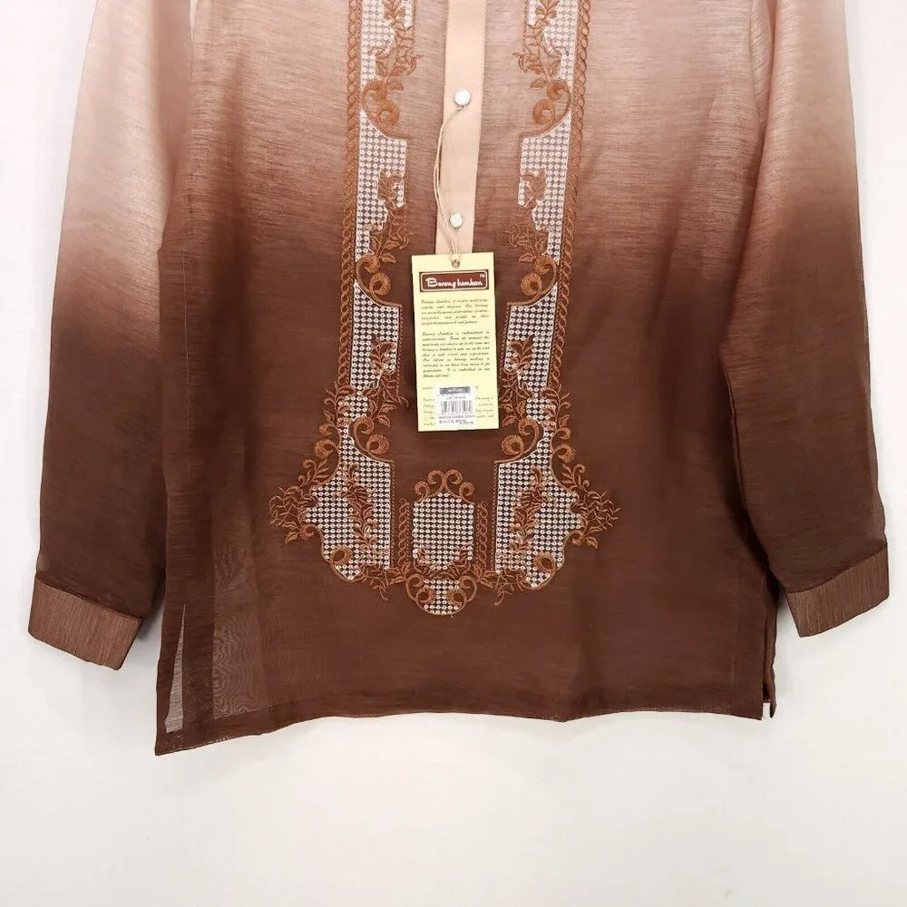 Barong Lumban Button Up Tagalog Shirt Long Sleeve Size Small Embroidered Sheer - Picture 4 of 13
